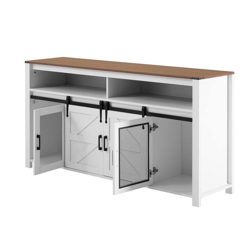 Sideboard Buffet Cabinet with Sliding Barn Doors & Open Shelf, Coffee Bar Storage Cabinet with Mesh Doors & Adjustable Shelf