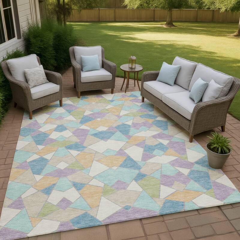 Machine Washable Indoor/ Outdoor Modern Mosaic Chantille Rug - Cream - 10' x 14'