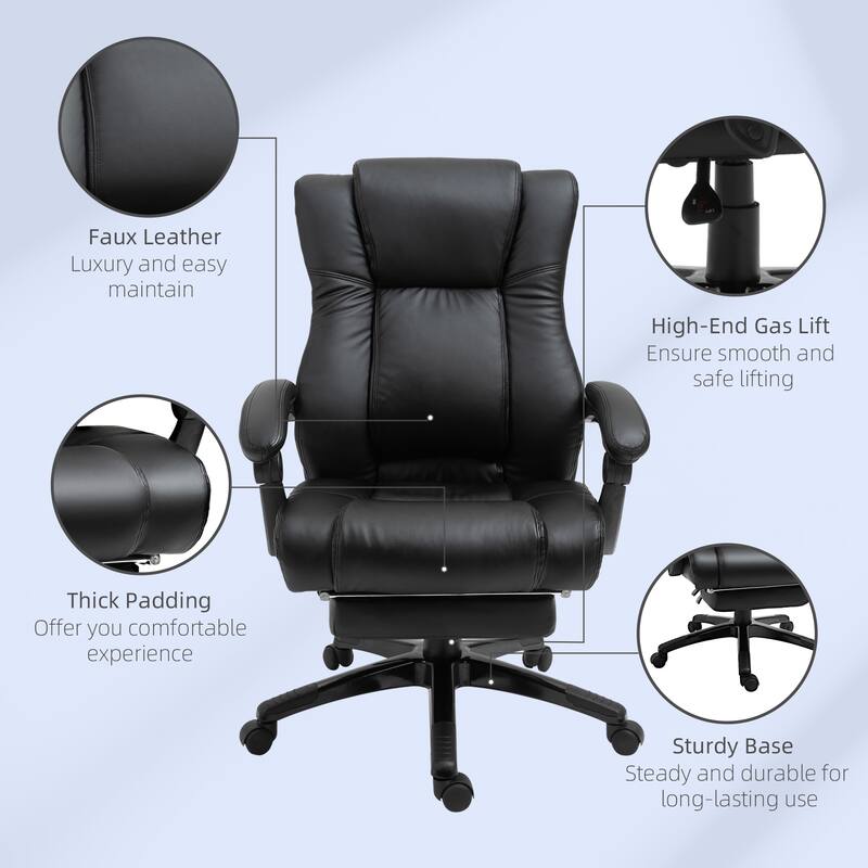 Vinsetto Executive Home Office Chair Padded High Back PU Leather Recliner with Retractable Footrest, Adjustable Height, Black