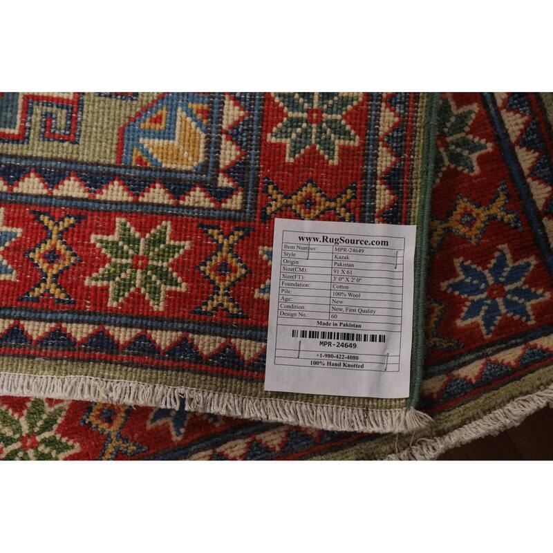 Green Red Kazak Oriental Rug Hand-Knotted Wool Carpet - 2'0" x 3'0"