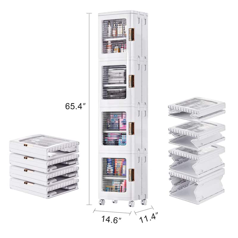Foldable Slim Rolling Storage Cabinet with Doors, 4-Tier Plastic Organizer Tower with Wheels for Bathroom or Kitchen