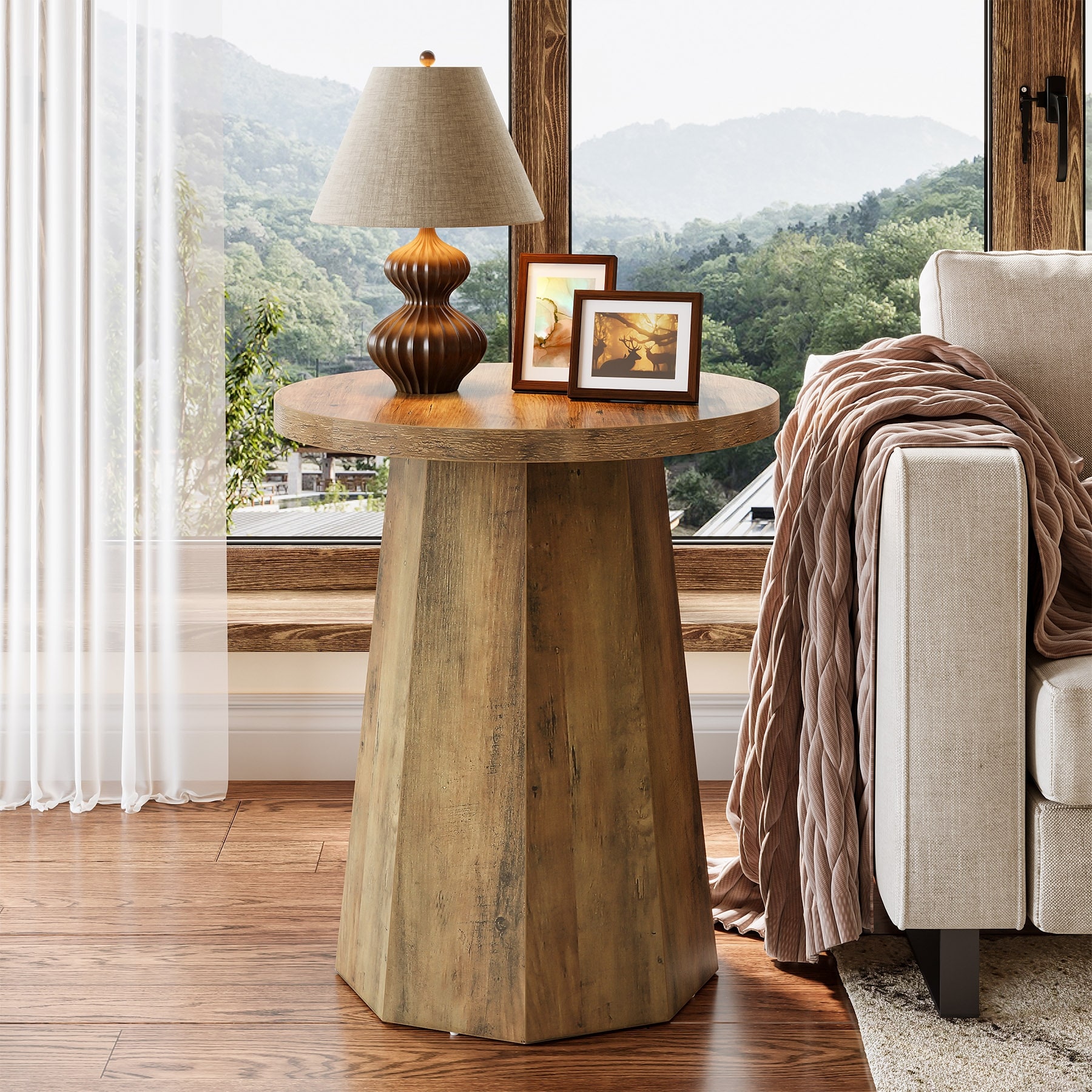 Farmhouse Round Pedestal End Table with Octagonal Base