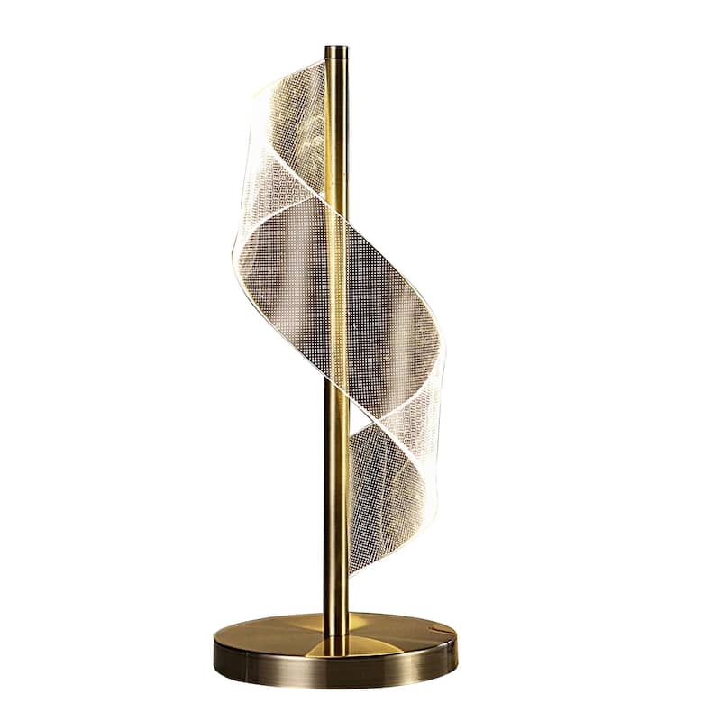 Melly 19 Inch Table Lamp, LED Swirl Ribbon Design, Acrylic, Antique Brass - Gold, Brass