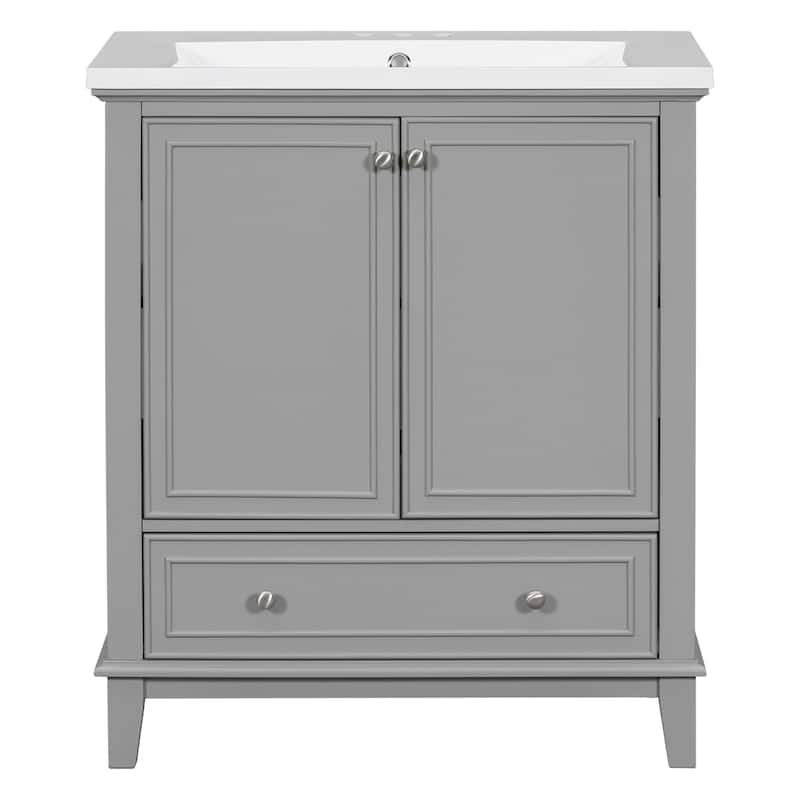 34.8" Tall Solid Wood with MDF 2-Door Freestanding in Grey with Ceramic Basin - 30"x18"