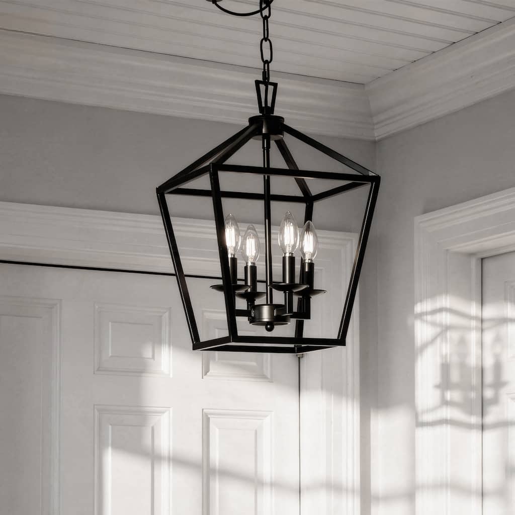4 Light Matte Black Lantern Pendant - 12"x12"x18"
