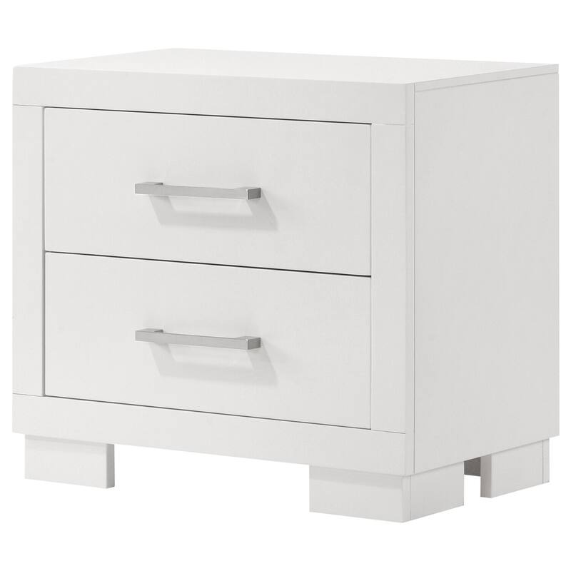 Sleek White 2-Drawer Wooden Nightstand with Silver Handles and Ample Storage for Modern Bedrooms