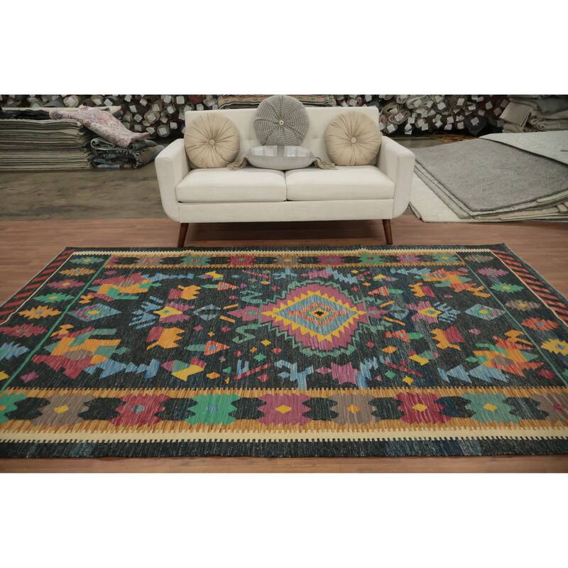 Hand Woven Oriental 100% Wool Carpet Southwestern Tribal Multi-Colored Kilim Area Rug - 9' 10'' X 6' 3''