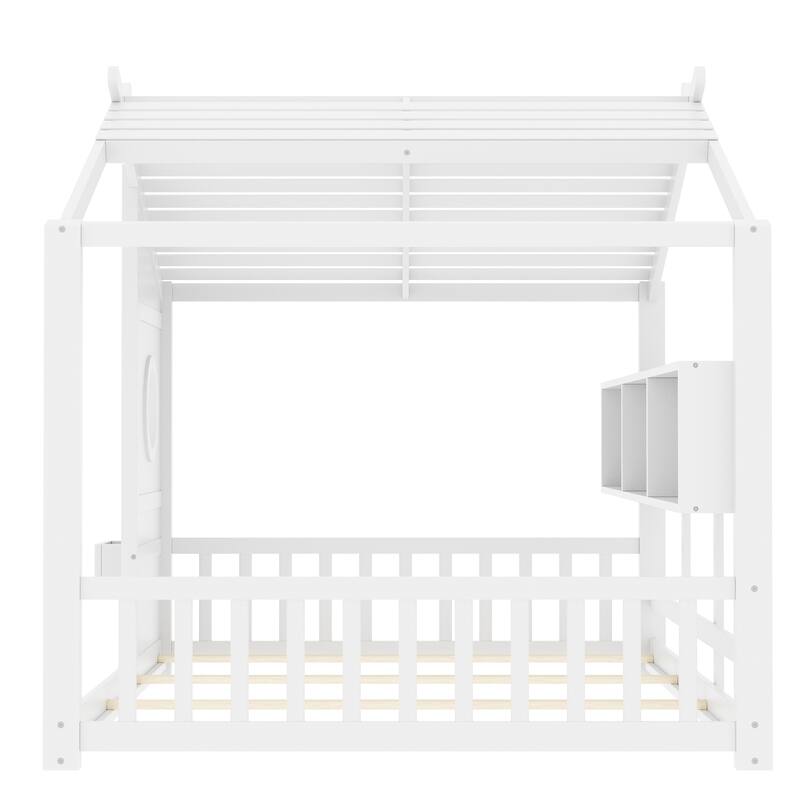 Montessori Bed House Bed with Roof and Storage Shelf, Wood Playhouse Bed Design Floor Bed with Round Window for Kids Toddler