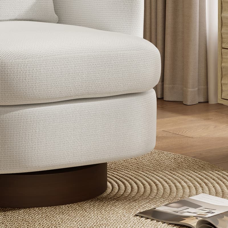 Upholstered White Woven Texture Club Swivel Chair with Dark Brown Base and Pillow