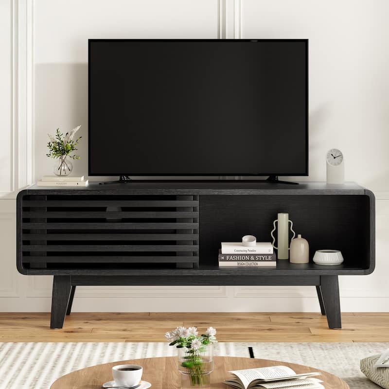 Mid-Century Modern TV Stand for TV Up to 59" with Sliding Slatted Door