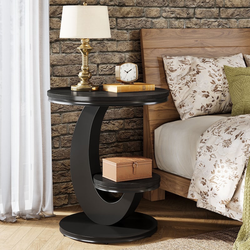 2-Tier Round End Side Table Bedside Nightstand with Storage Shelf