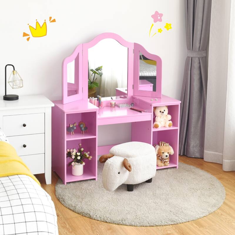 Costway Vanity Table Set Makeup Dressing Kids Girls Study Table Tri - See Details