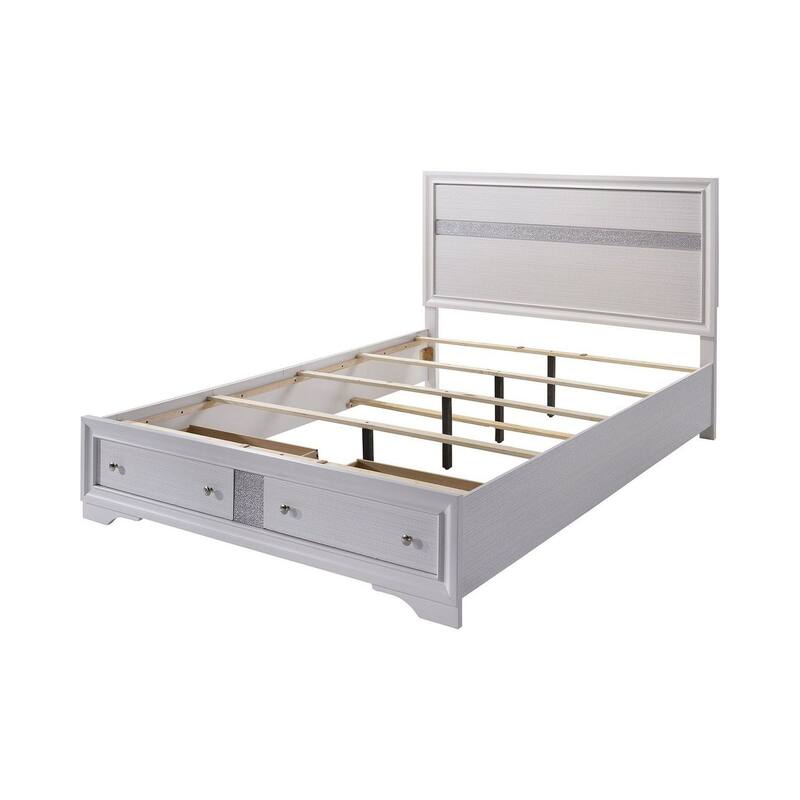 Eastern King Bed with Drawers - White Panel Bed Frame, Silver Accents, Wooden Construction
