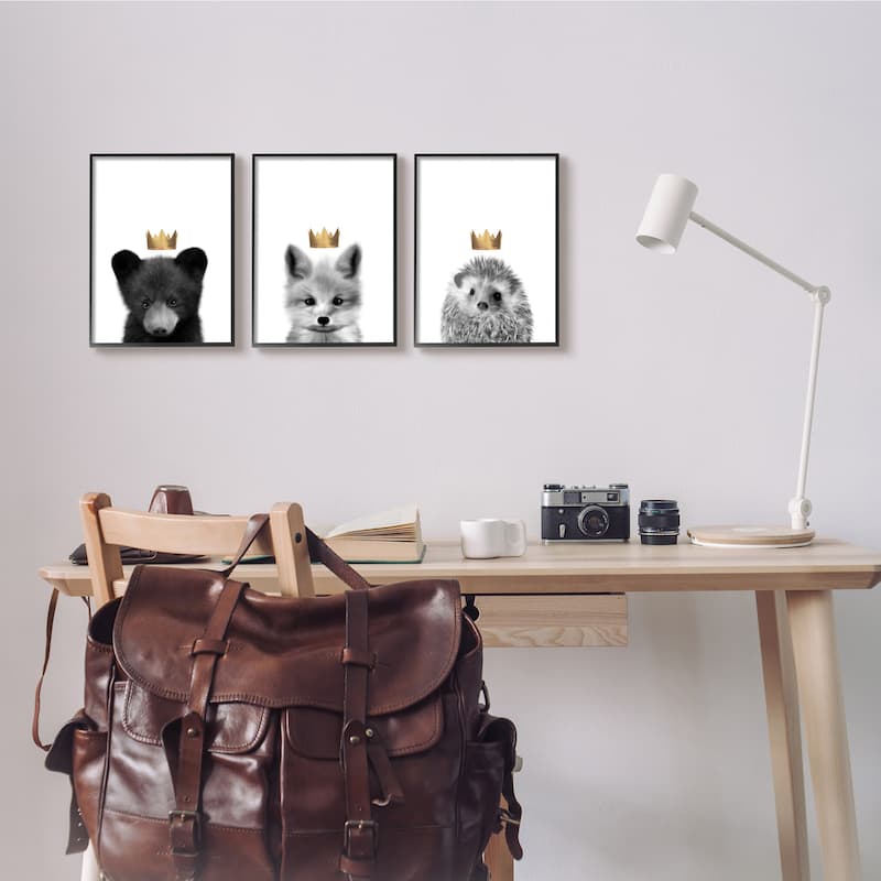 Stupell Woodland Animals Bold Crowns Black Bear Fox Hedgehog 3pc Multi Piece Framed Wall Art Set