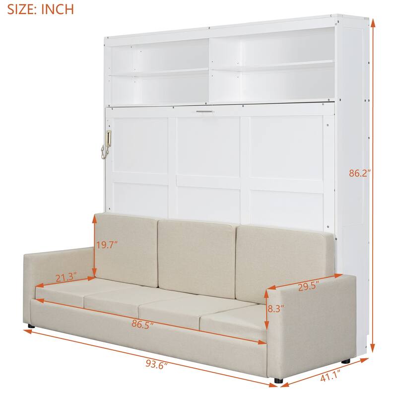 Queen Size Wall Bed with Sofa, Space-Saving Murphy Bed, White