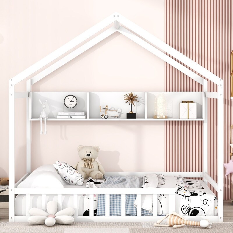 Wooden Full Size House Bed with Storage Shelf Kids Bed with Fence and Roof White Bed Bath Beyond 39116189