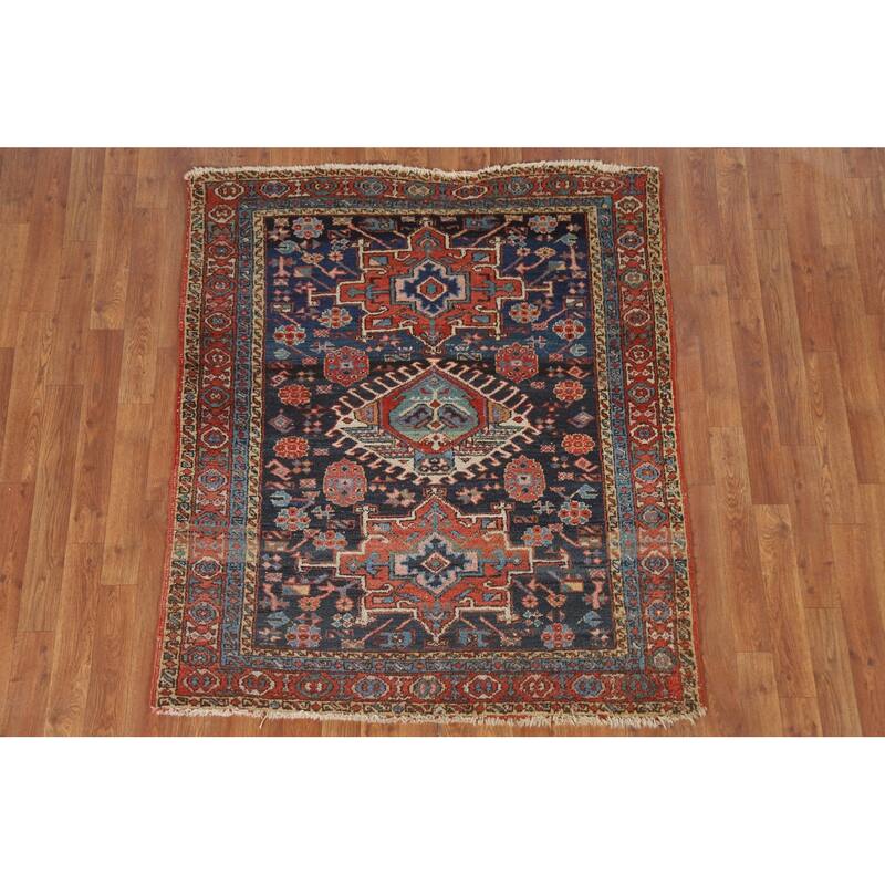 Blue Heriz Serapi Persian Accent Antique Area Rug Handmade Wool Carpet - 3'11"x 4'9"