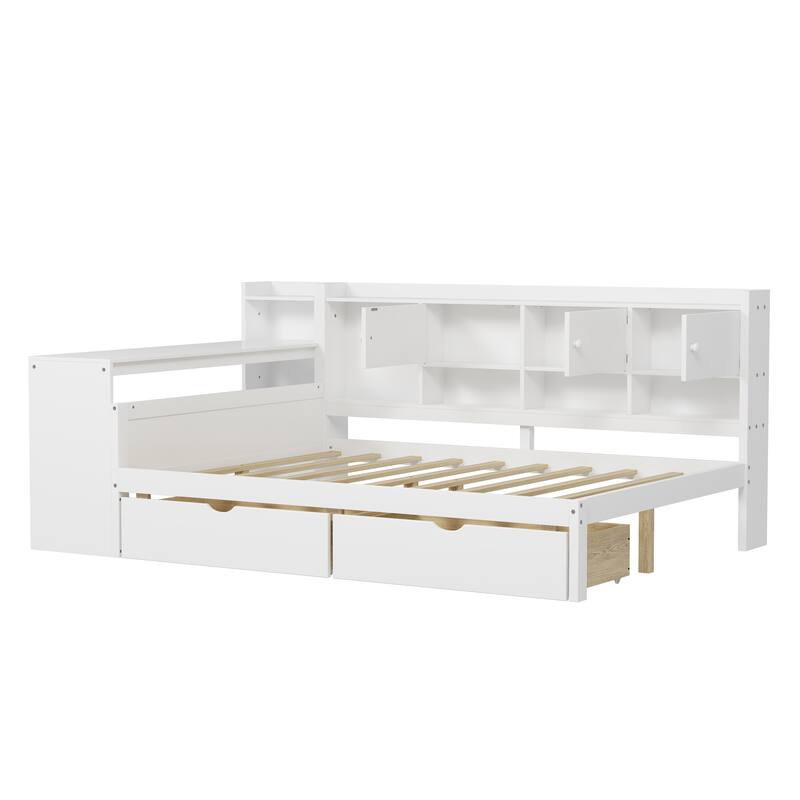 Full L-Shape Daybed with Seven Storage Cabinets and Two Storage Drawers, Multi-functional Bed with Desk and Bookshelf
