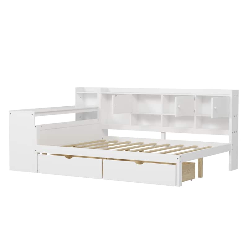 L-Shape Wooden Daybed with Storage, Study Desk, and Built-in Bookshelf, White