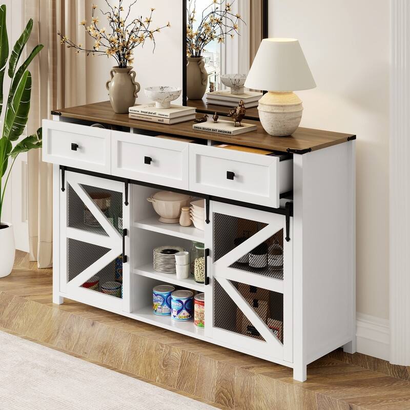 Farmhouse 55" Sideboard with 2 Sliding Barn Doors and 3 Drawers for Stylish Home Storage Solution