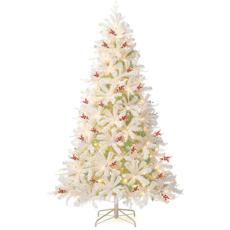 Gymax 7 FT Pre-Lit Artificial Christmas Tree w/855 Snow Flocked Branch - 7 Foot