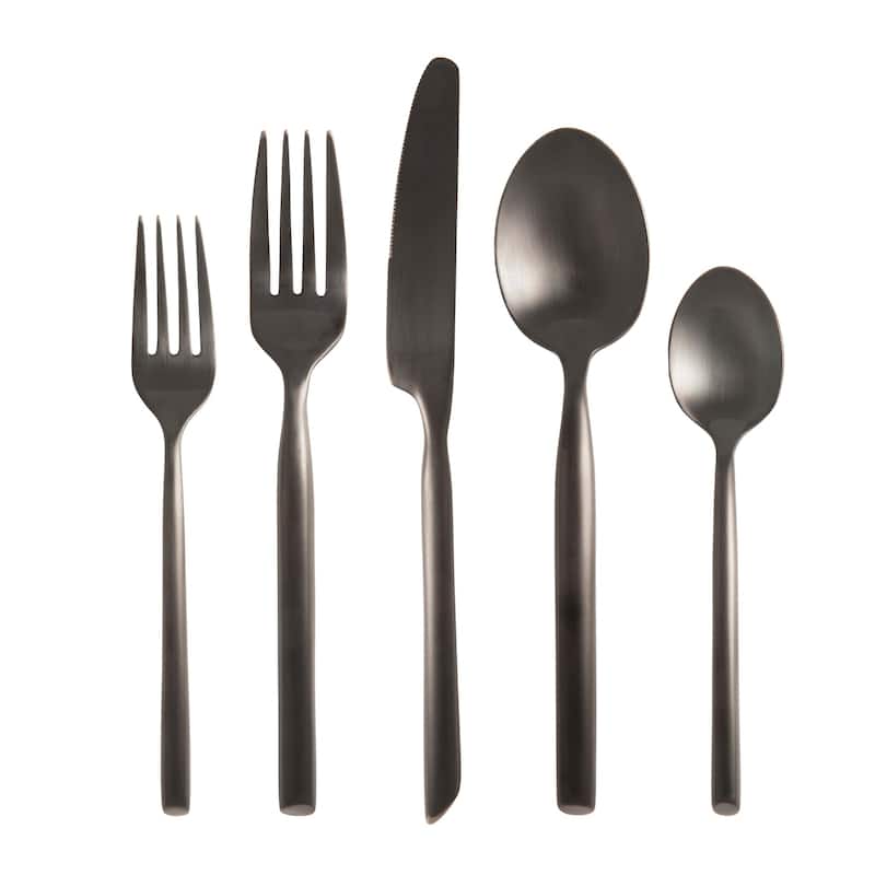 Fortessa Capri 18/10 Stainless Steel, 5PC Flatware Set (Service for 1), Silver - 5 Piece Set - Brushed Black - Service for 1