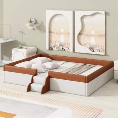 Queen Size Upholstered Daybed Frame with Fence and Stairs,(BROWN+WHITE)