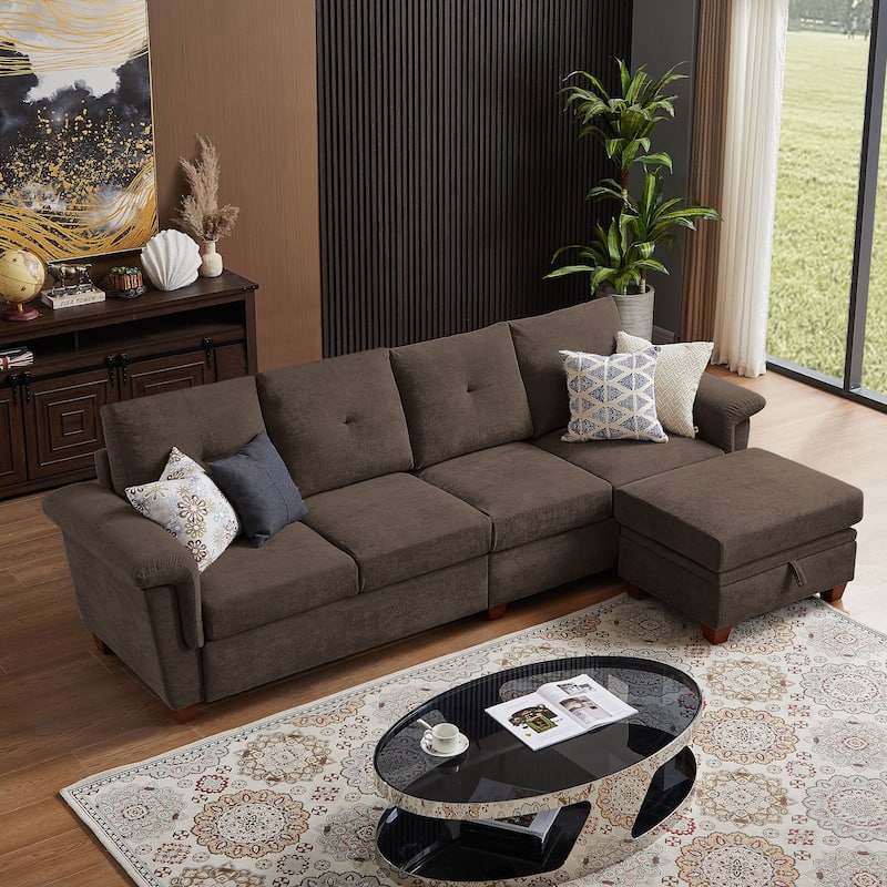 109" Modern 4 Seaters Towelling Sectional Sofa with Hidden Coffee Table Adjustable Headrest and Large Storage Space