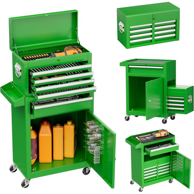 5 Drawer 2 in 1 Rolling Tool Chest Storage Box Garage Rolling Cabinet with Detachable Top Tool Box and Universal Lockable Wheels - Green