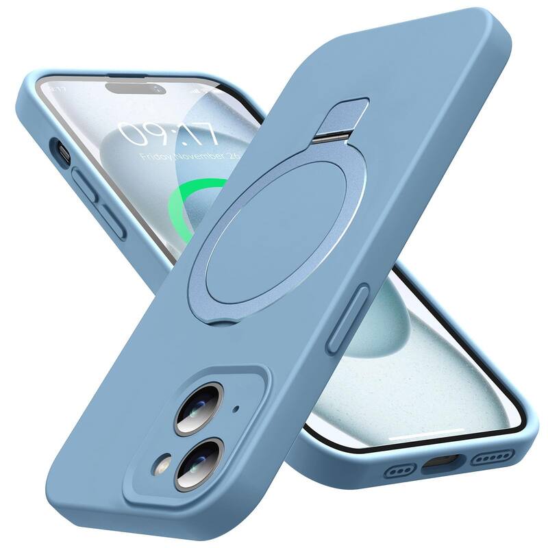iPhone 15 Case, Liquid Silicone Moisturizing Factor Extreme Soft Slim Phone Case with Stand Compatible with MagSafe 6.1 inch - Sky Blue