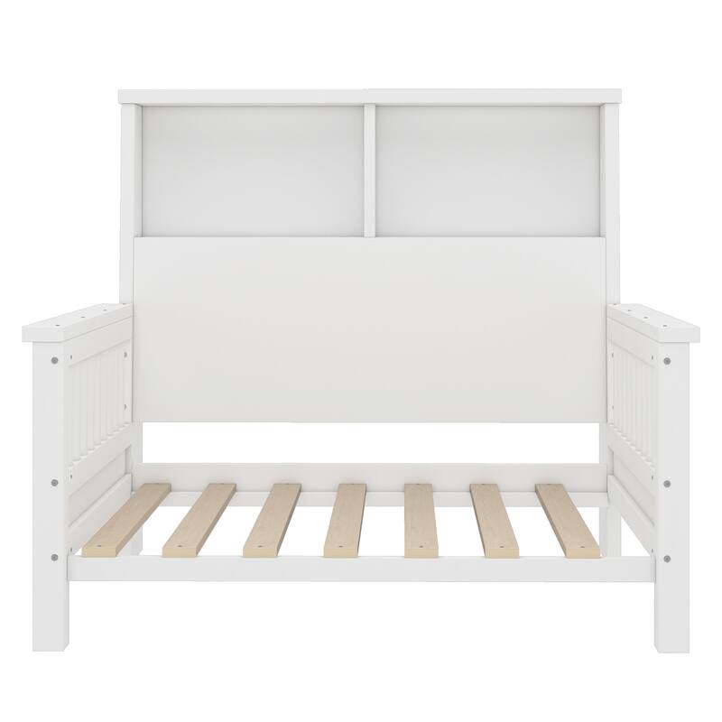 Pull Out Twin Size Platform Bed Converted into Baby Crib and Sofa with Storage Headboard and Removable Footboard