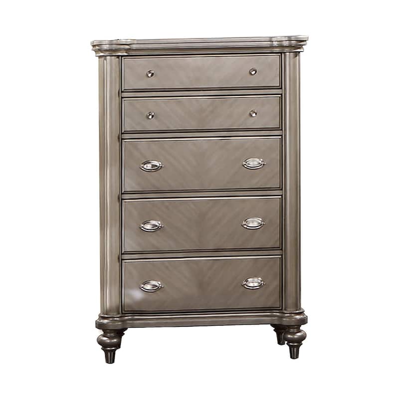 Ada 56 Inch 5 Drawer Tall Dresser Chest, Pine Wood, Chevron Pattern, Antique Champagne - Brown - 5-drawer