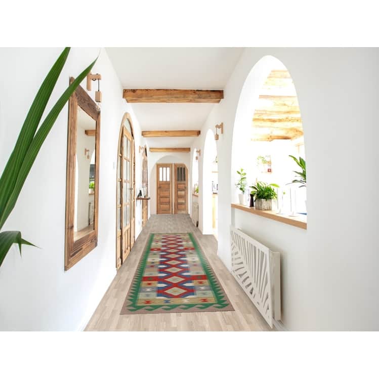 Hand Woven Oriental 100% Wool Carpet Southwestern Geometric Multi-Colored Kilim Runner Rug - 12' 9'' X 2' 7''