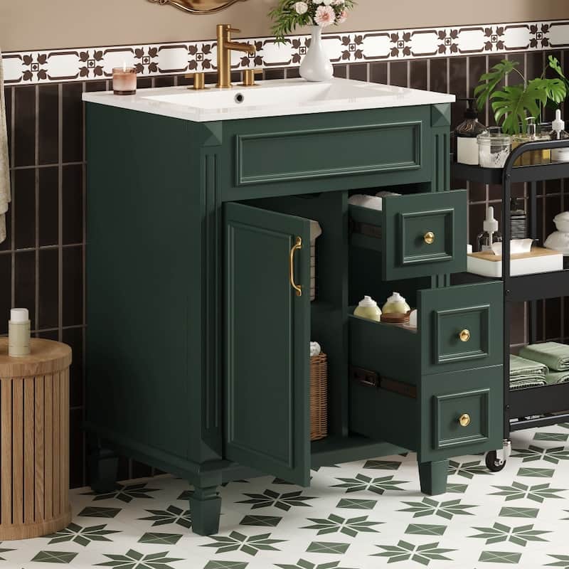 24" Modern Bathroom Vanity with Ceramic Sink and 2 Drawers, Adjustable Shelf