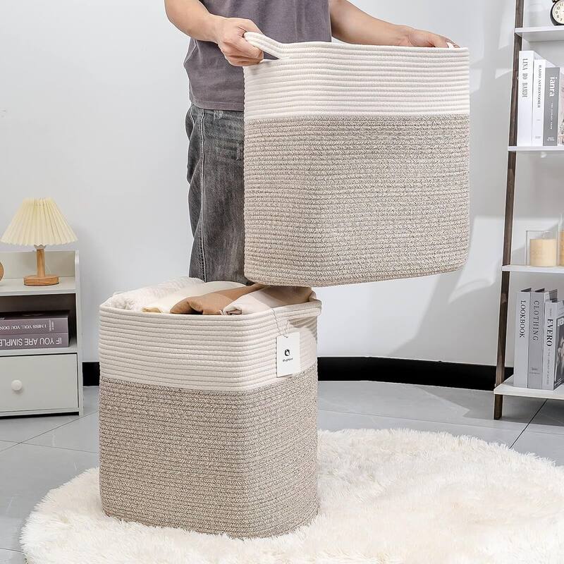 Storage Baskets for Clothes Fabric Cotton Rope Storage Basket with Handles - 14"L x 11"W x 14"H