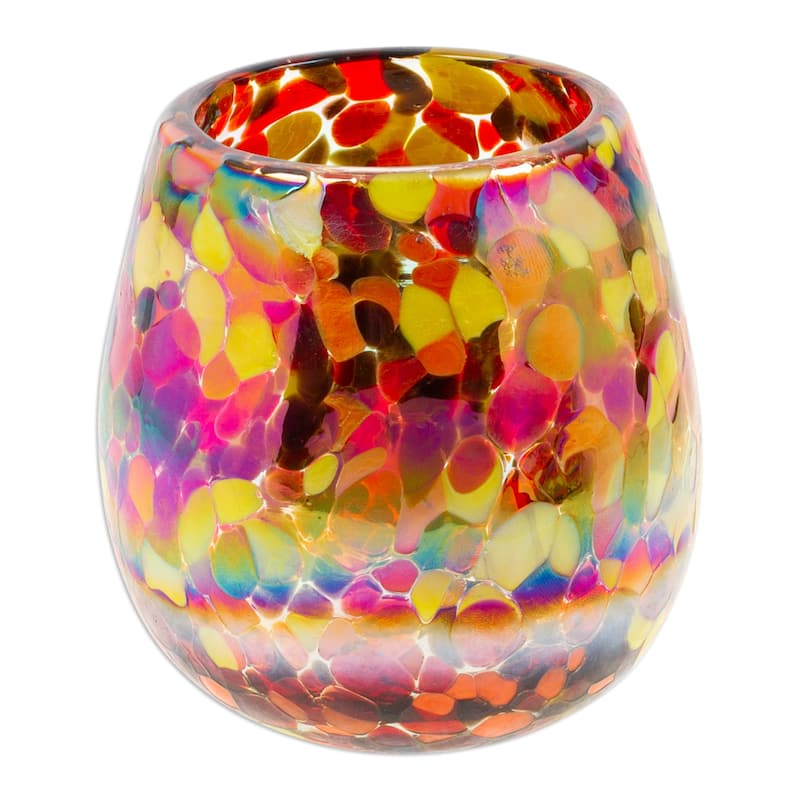 NOVICA Artisan Handblown Recycled Stemless Wine Glasses Colorful Mexican Multicolor Drinkware 'Bright Confetti' (Pair)