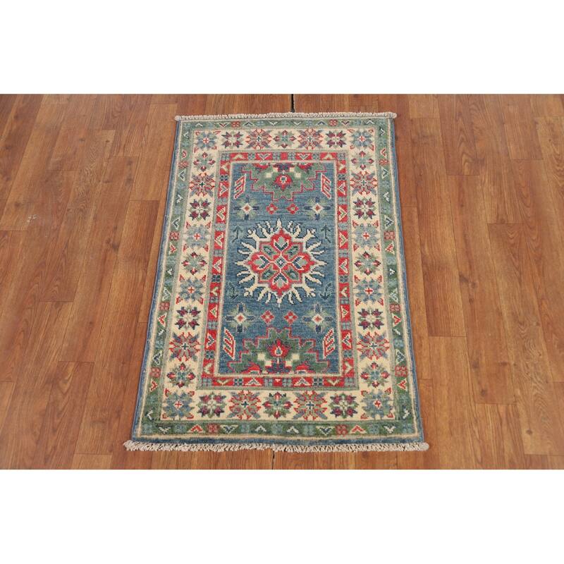Blue Kazak Oriental Accent Rug Hand-Knotted Wool Carpet - 2'0" x 3'0"