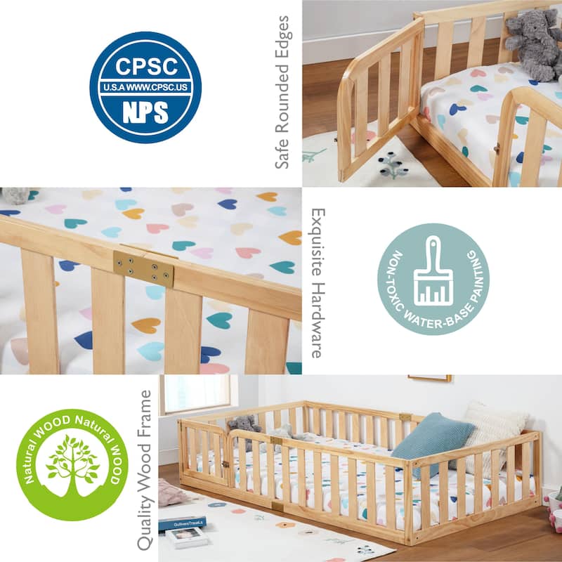 COSTARS Toddler Floor Bed with Rails for Kids, Montessori Wooden Twin Bed Frame with Door, Low to Ground