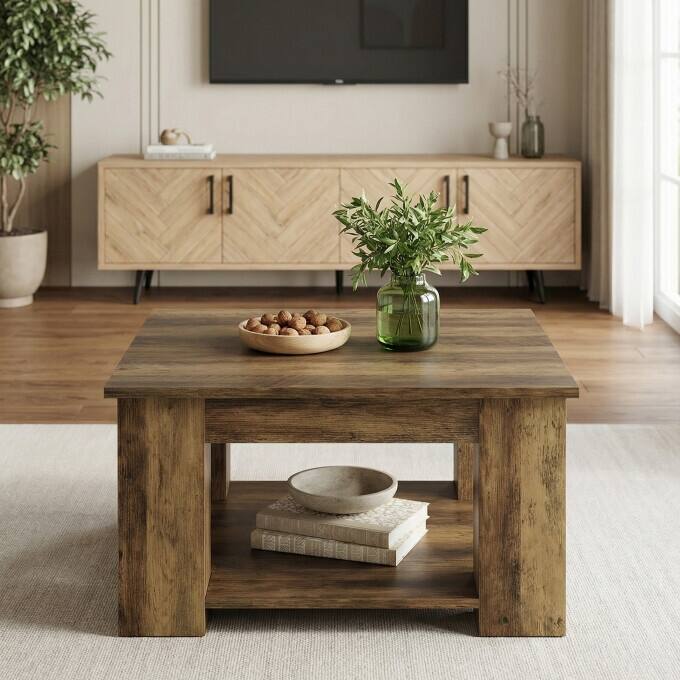 31.5" Wooden Square Coffee Table, 2-Tier Center Table with Storage