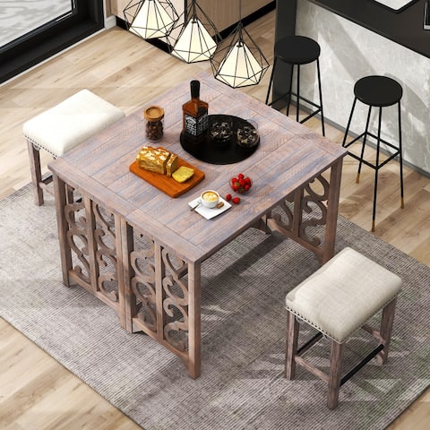 3-piece Dining Set, Solid Wood Foldable Table with 2 Saddle Stools