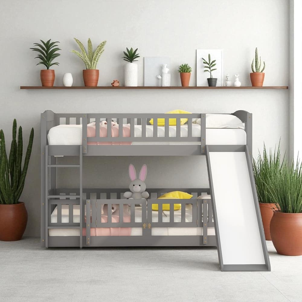 Twin Over Twin / Full Over Full Bunk Bed with Slide and Fence, Low Wood Frame with Ladder for Kids and Teens