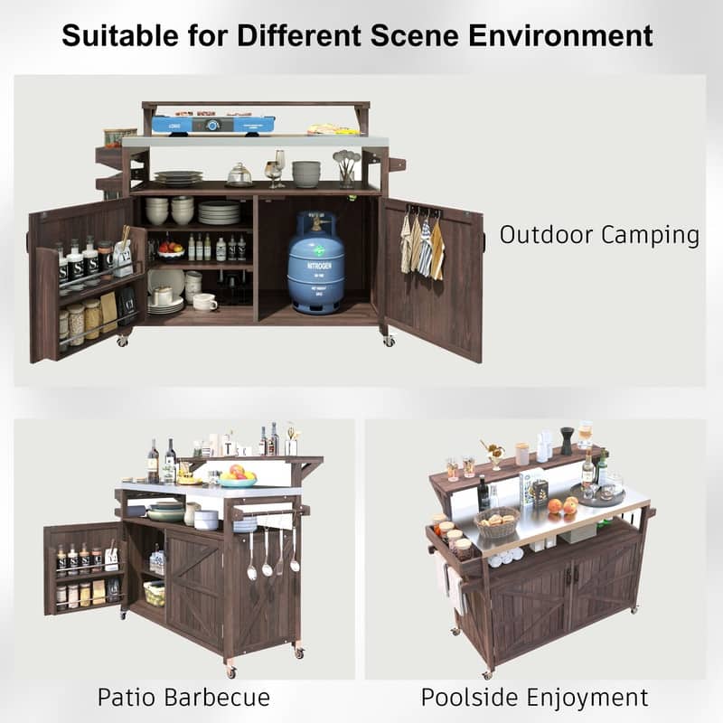 Outdoor Kitchen Island, Solid Wood Storage Cabinet with Stainless Steel Top and Lockable Wheels