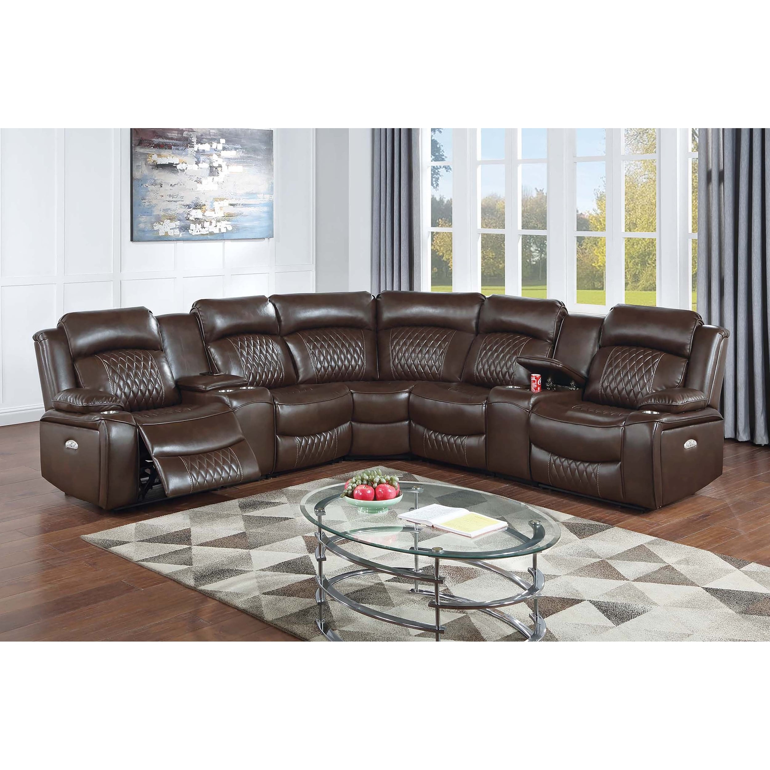 Transitional 3pc Power Sectional Set Leatherette Upholstery Brown Finish