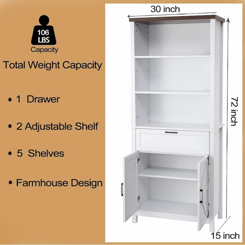 Bookshelf with Doors, 6-Tire Farmhouse Storage Cabinet Bookcase