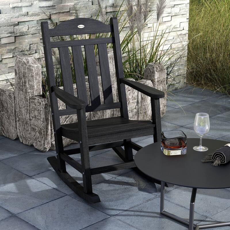 Outsunny 2 Pieces Outdoor Rocking Chair, All Weather-Resistant HDPE Rocking Patio Chairs with Rustic High Back, Armrests