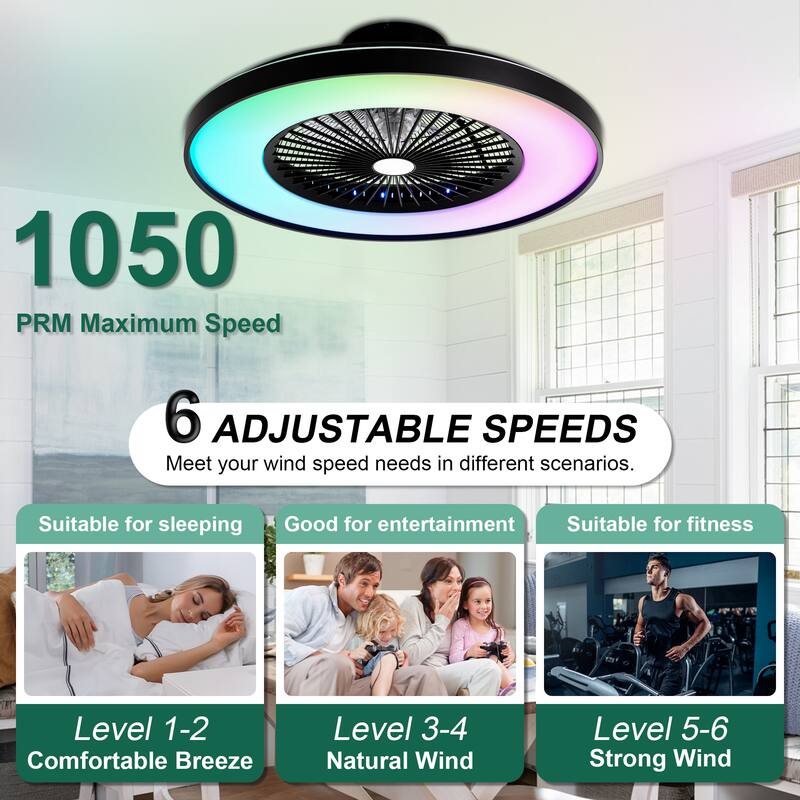 Cusp Barn 23 Inch Modern Low Profile RGB Ceiling Fan with Light, Smart Bladeless Flush Mount Enclosed Black Dimmable Ceiling Fan