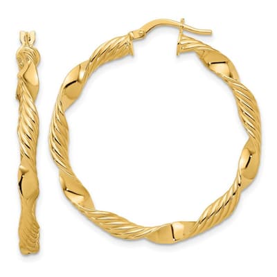 Curata 14k Yellow Gold Polished and Textured Round Hoop Earrings - 37.54x37.7mm