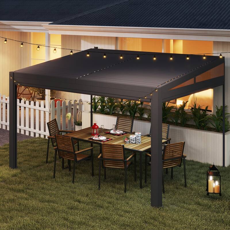 Erommy Wall-Mounted Pergola with Louvered Roof & Pull-Down Screen, Aluminum Awning for Patio or Deck