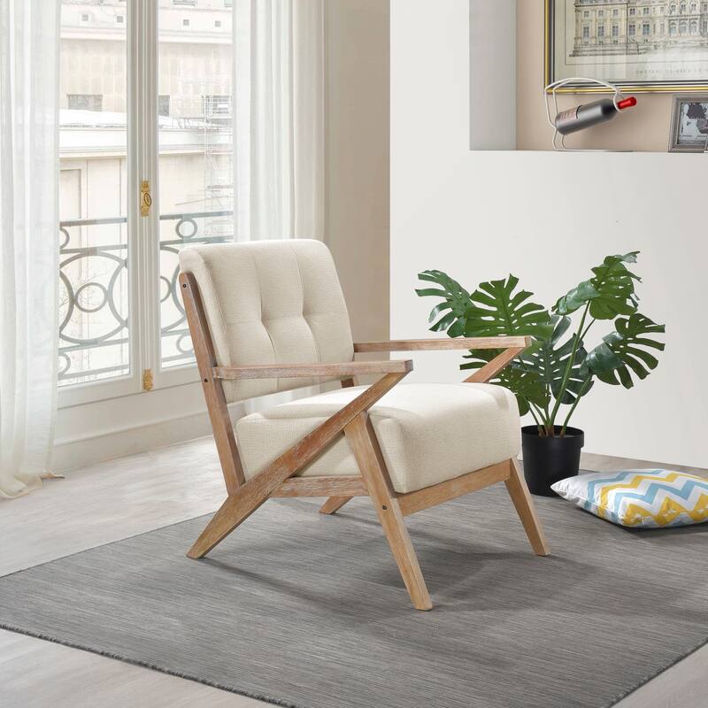Unique Design Fabric Armchair with Antique Natural Finish and Tufted Back
