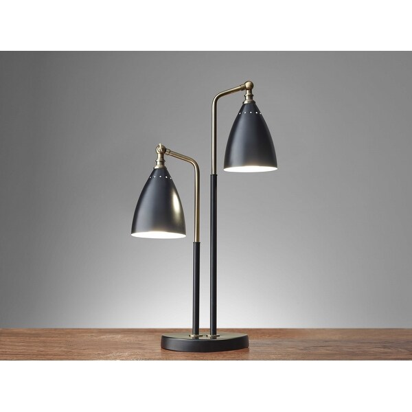 Matte Black Metal and Antique Brass Two Light Adjustable Table